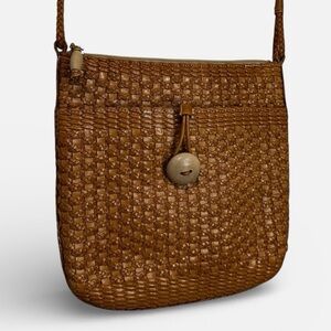 CEM Brazilian Genuine Leather Brown Neutral Woven Wood Button Crossbody Bag
